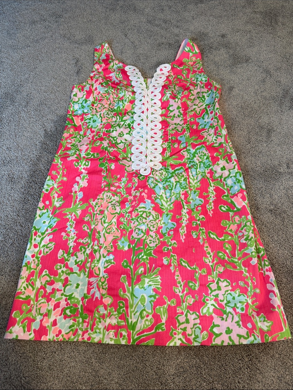 Lilly Pulitzer Bright Floral Pink Shift Dress with White Lace Trim